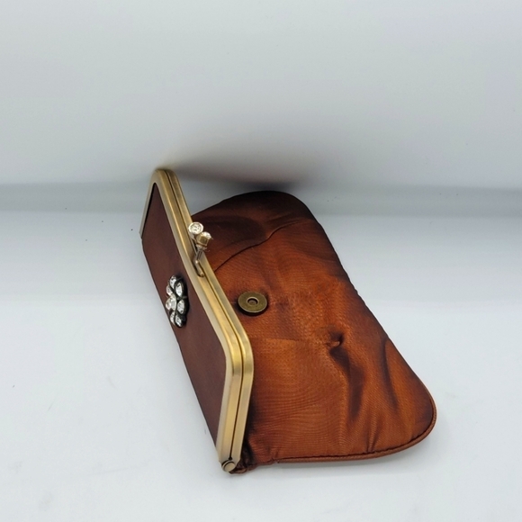 Vintage Burnt Copper Satin Fold-Over Clutch | Rhinestone Flower Details